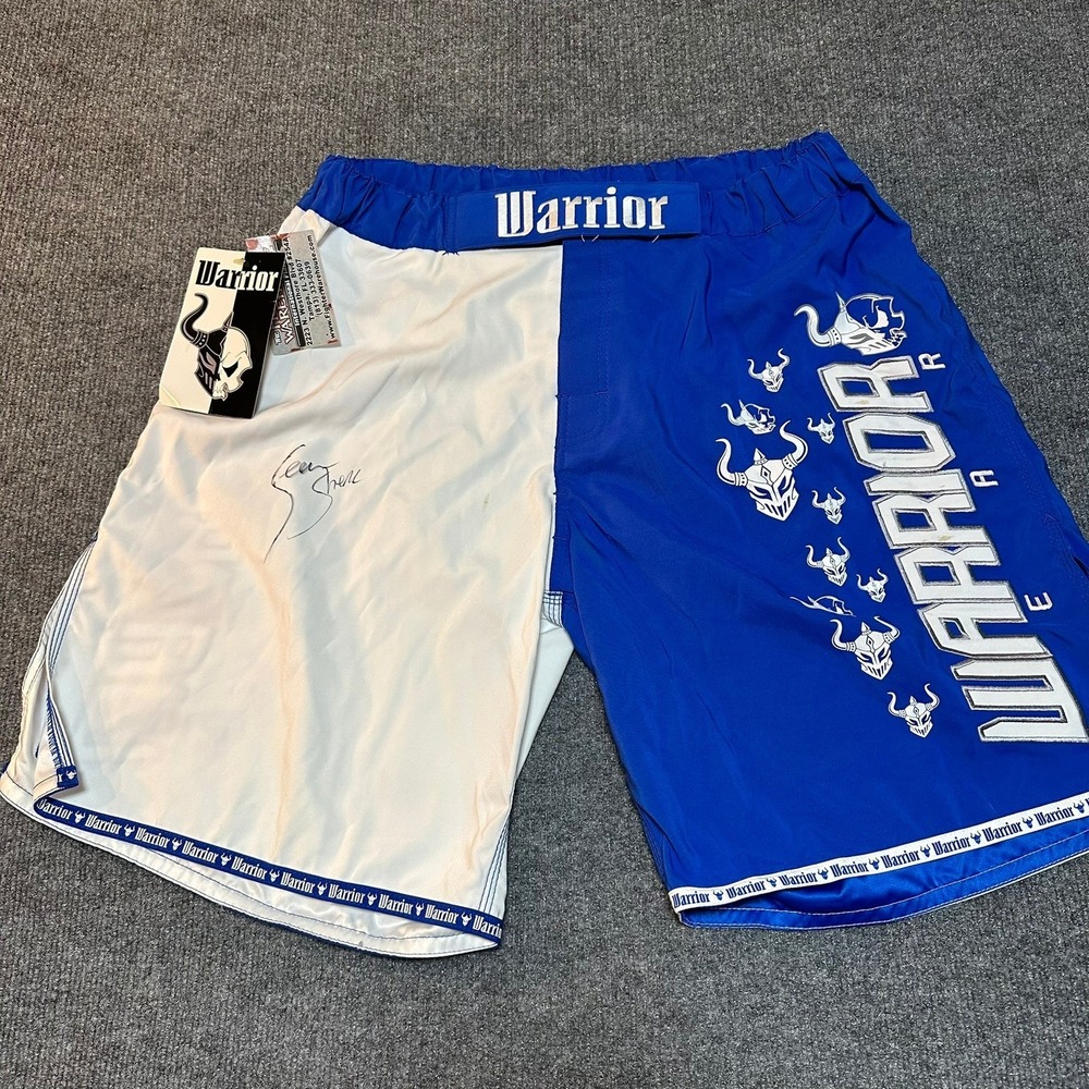 Warrior Wear Domination Fight Shorts Blue White Signed Sean Sherk MMA Size 38